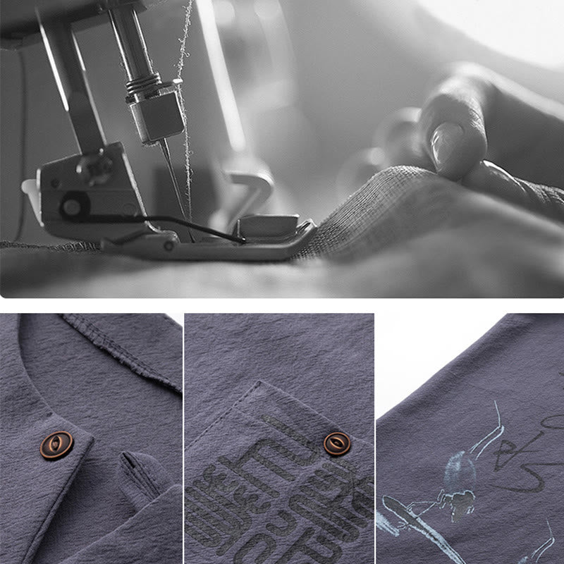 2Pcs Chinese Characters Crane Cotton Shirt Pants With Pockets Men's Meditation Cloth Set - Image 28