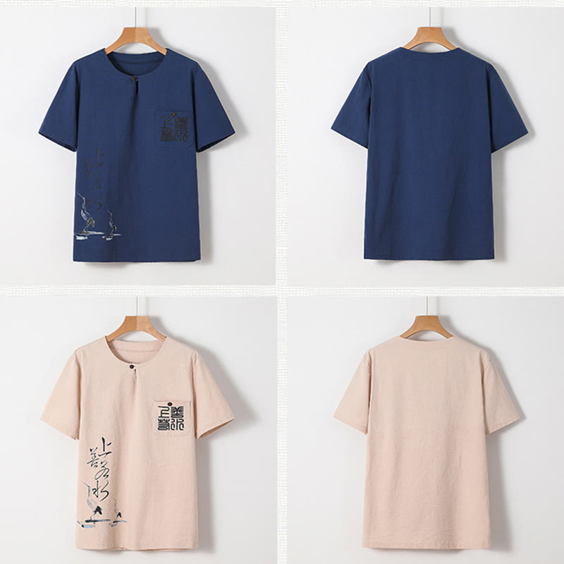 2Pcs Chinese Characters Crane Cotton Shirt Pants With Pockets Men's Meditation Cloth Set - Image 4