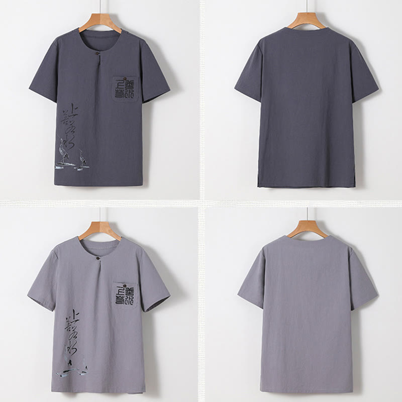 2Pcs Chinese Characters Crane Cotton Shirt Pants With Pockets Men's Meditation Cloth Set - Image 30