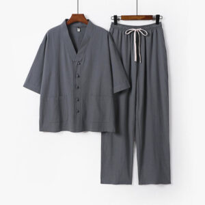 2Pcs Summer V-Neck Cotton Shirt Pants With Pockets Men's Meditation Cloth Set