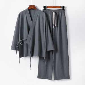 2Pcs Lace-up Cotton Kimono Pants With Pockets Men's Meditation Cloth Set