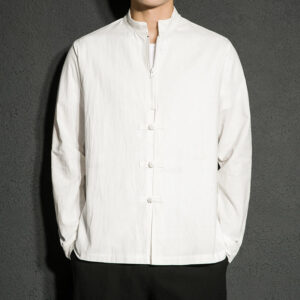 Plain Zipper Chinese Frog-Button Cotton Long Sleeve Men's Shirt - Image 9