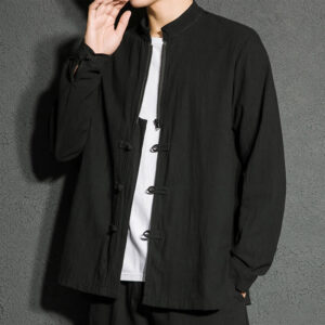 Plain Zipper Chinese Frog-Button Cotton Long Sleeve Men's Shirt