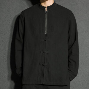 Plain Zipper Chinese Frog-Button Cotton Long Sleeve Men's Shirt - Image 5