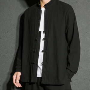 Plain Zipper Chinese Frog-Button Cotton Long Sleeve Men's Shirt - Image 6
