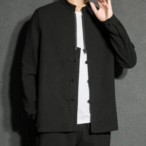 Plain Zipper Chinese Frog-Button Cotton Long Sleeve Men's Shirt - Image 7