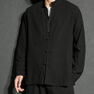 Plain Zipper Chinese Frog-Button Cotton Long Sleeve Men's Shirt - Image 8