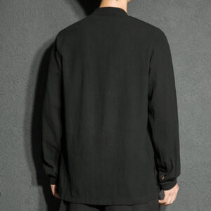 Plain Zipper Chinese Frog-Button Cotton Long Sleeve Men's Shirt - Image 3