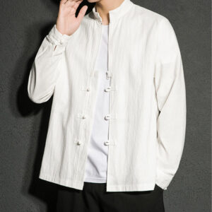 Plain Zipper Chinese Frog-Button Cotton Long Sleeve Men's Shirt - Image 12