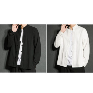Plain Zipper Chinese Frog-Button Cotton Long Sleeve Men's Shirt - Image 17