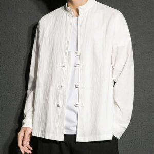 Plain Zipper Chinese Frog-Button Cotton Long Sleeve Men's Shirt - Image 16