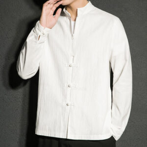Plain Zipper Chinese Frog-Button Cotton Long Sleeve Men's Shirt - Image 10