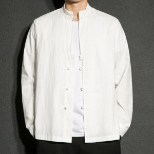 Plain Zipper Chinese Frog-Button Cotton Long Sleeve Men's Shirt - Image 14