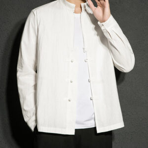 Plain Zipper Chinese Frog-Button Cotton Long Sleeve Men's Shirt - Image 13