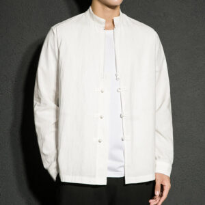 Plain Zipper Chinese Frog-Button Cotton Long Sleeve Men's Shirt - Image 11