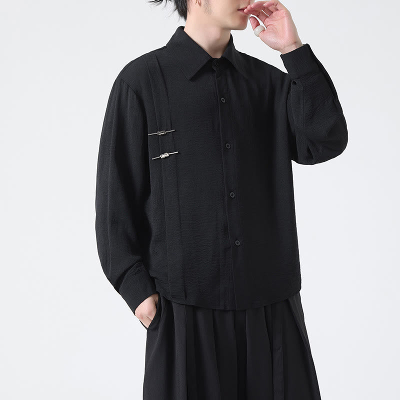 Plain Buttons Stand Collar Long Sleeve Men's Cotton Shirt - Image 19