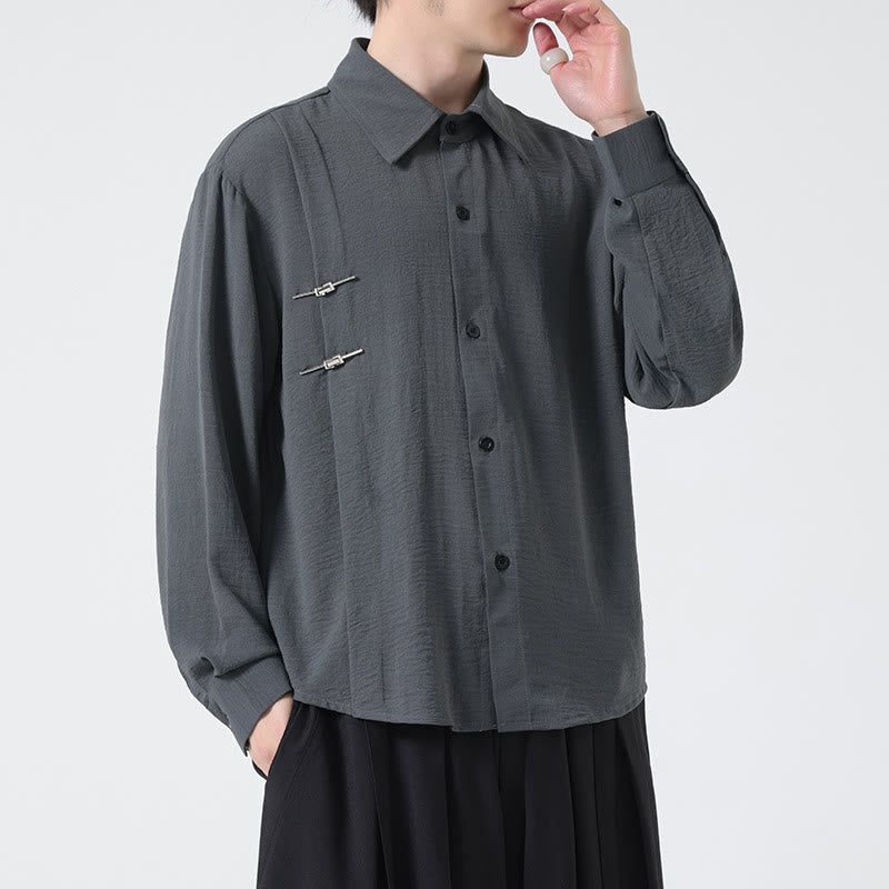 Plain Buttons Stand Collar Long Sleeve Men's Cotton Shirt - Image 3