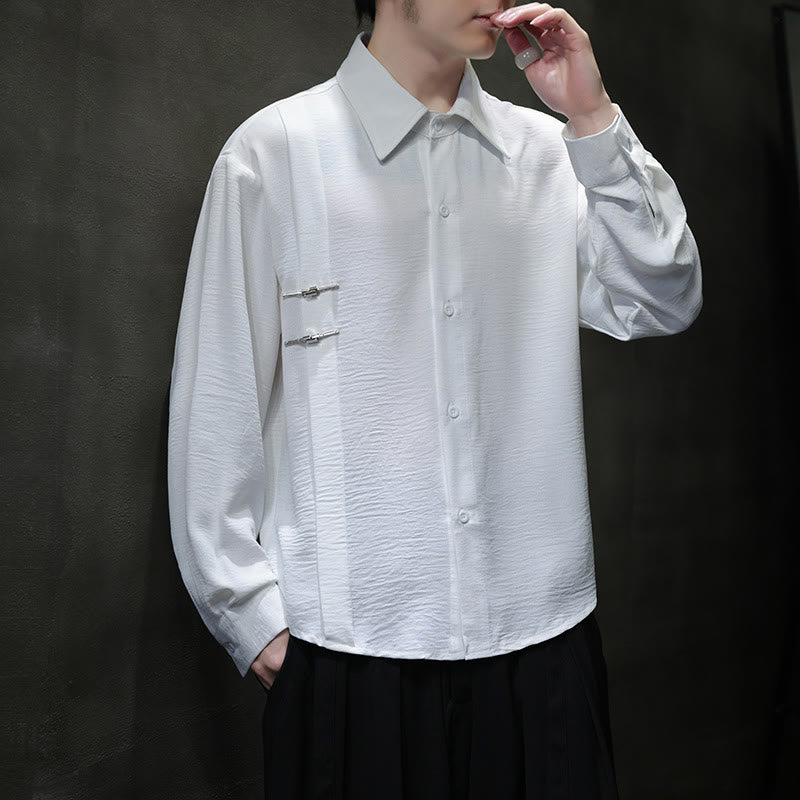 Plain Buttons Stand Collar Long Sleeve Men's Cotton Shirt - Image 9