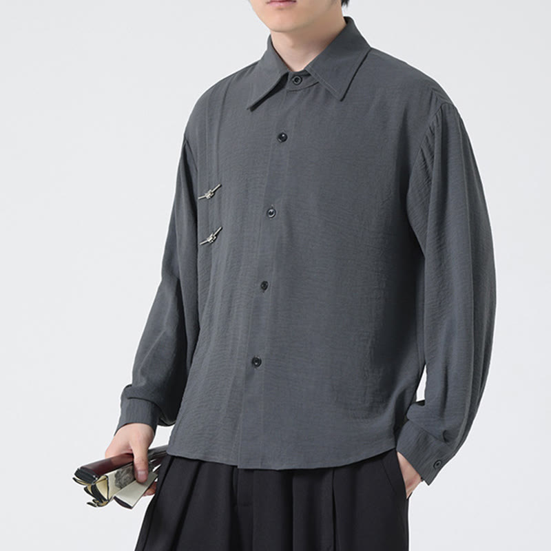Plain Buttons Stand Collar Long Sleeve Men's Cotton Shirt - Image 7