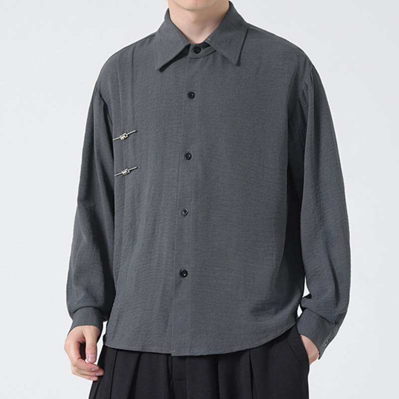 Plain Buttons Stand Collar Long Sleeve Men's Cotton Shirt - Image 5