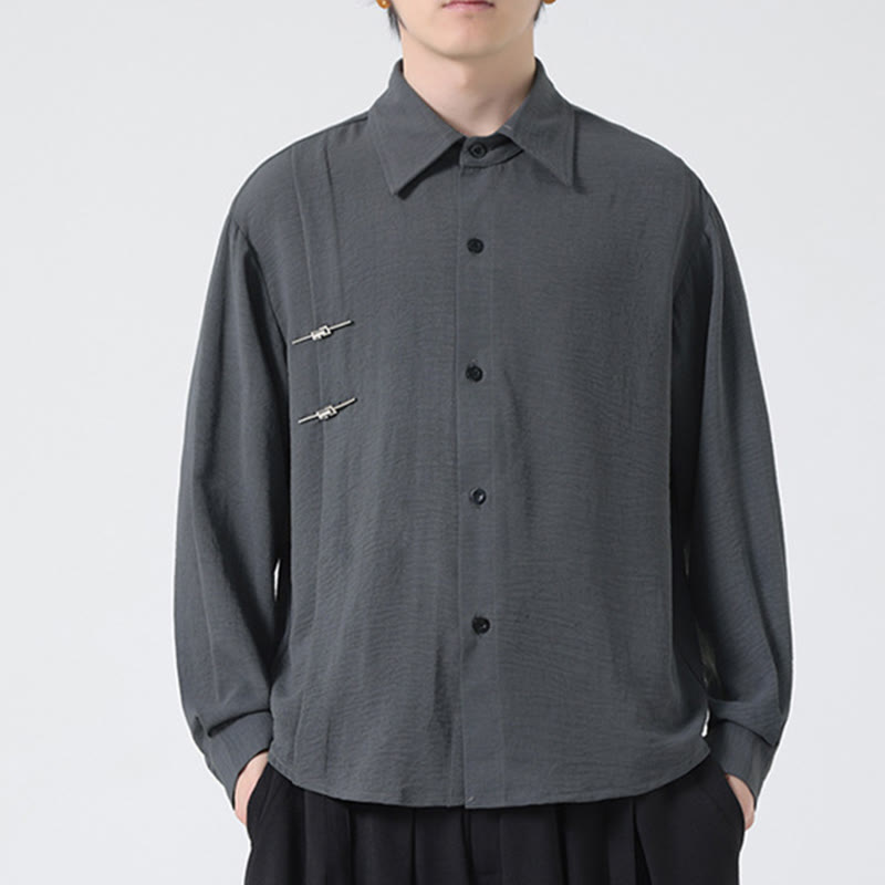 Plain Buttons Stand Collar Long Sleeve Men's Cotton Shirt - Image 6