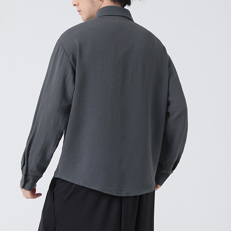 Plain Buttons Stand Collar Long Sleeve Men's Cotton Shirt - Image 4