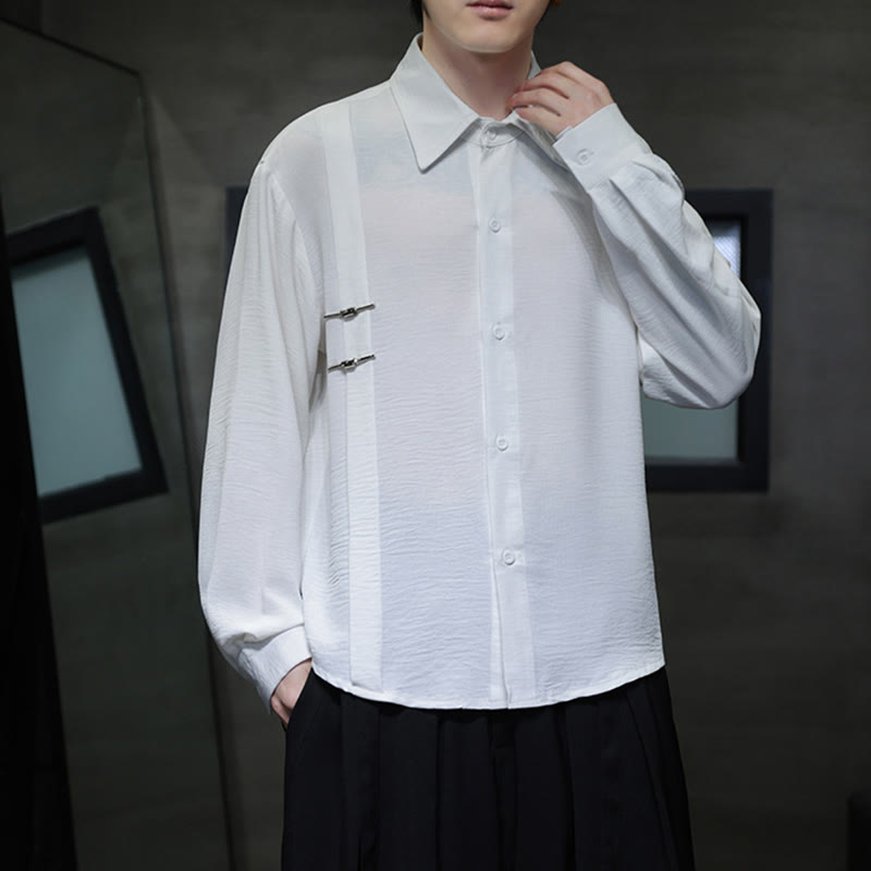 Plain Buttons Stand Collar Long Sleeve Men's Cotton Shirt - Image 12