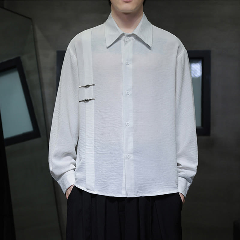 Plain Buttons Stand Collar Long Sleeve Men's Cotton Shirt - Image 13