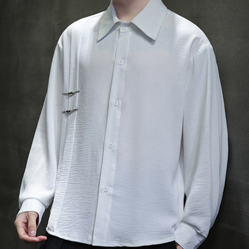 Plain Buttons Stand Collar Long Sleeve Men's Cotton Shirt - Image 16