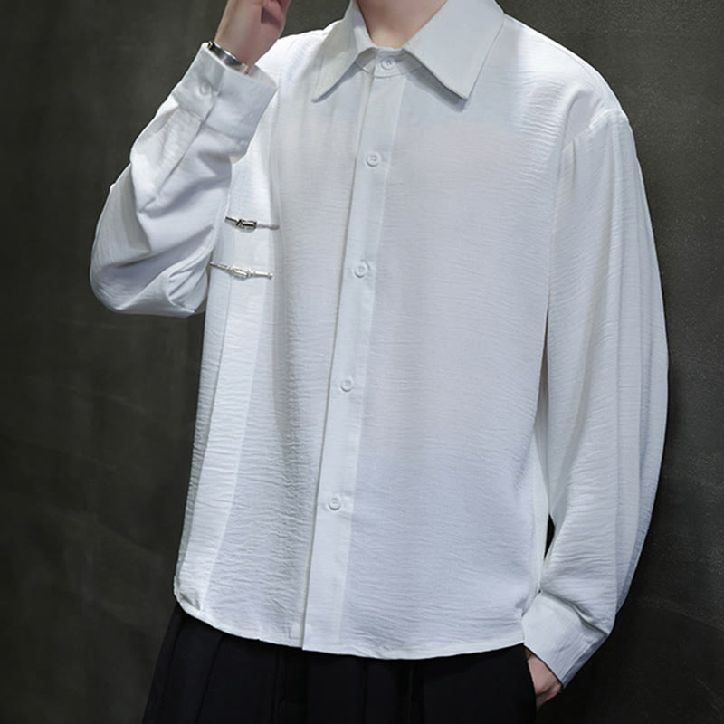 Plain Buttons Stand Collar Long Sleeve Men's Cotton Shirt - Image 17