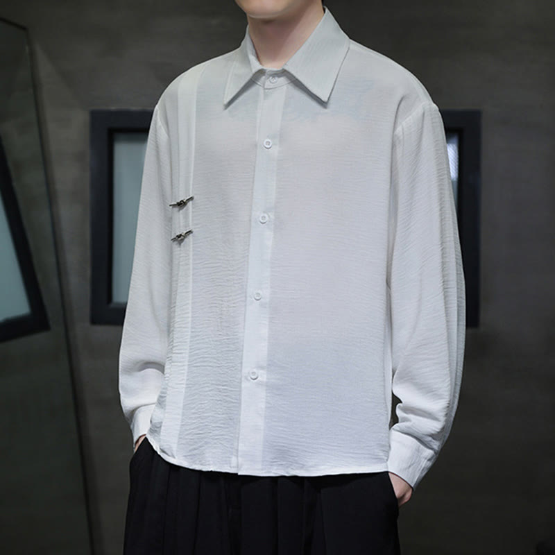 Plain Buttons Stand Collar Long Sleeve Men's Cotton Shirt - Image 14