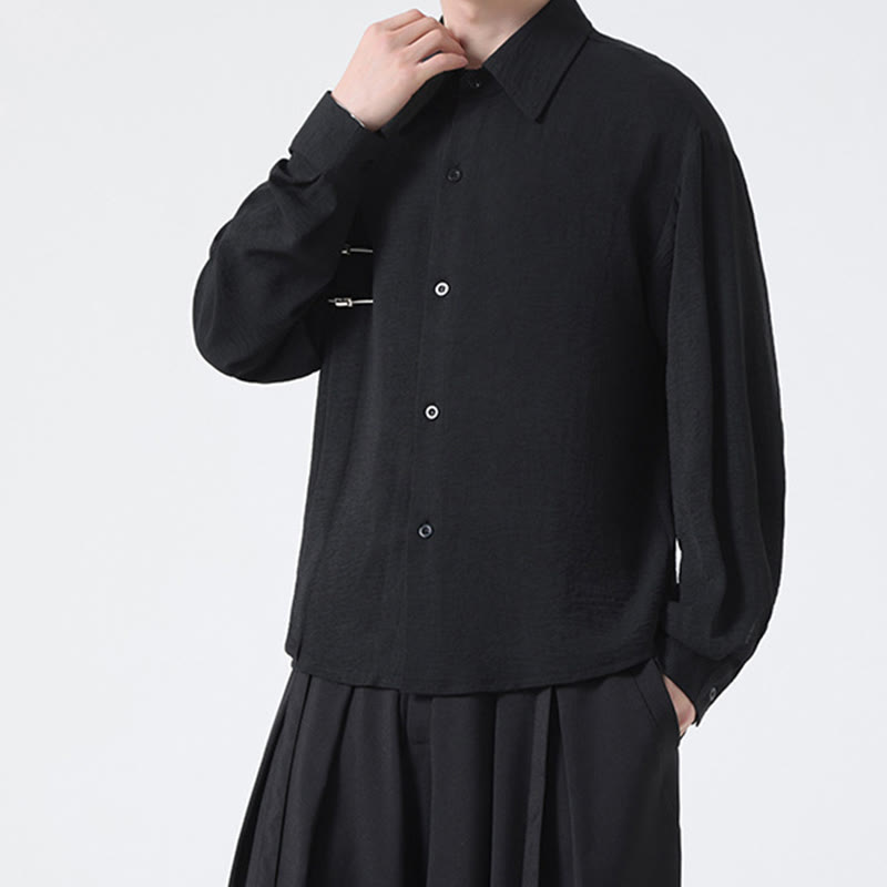 Plain Buttons Stand Collar Long Sleeve Men's Cotton Shirt - Image 24