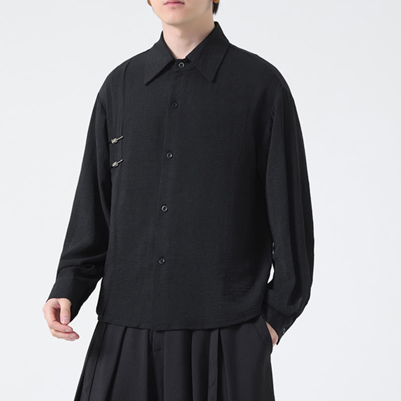 Plain Buttons Stand Collar Long Sleeve Men's Cotton Shirt - Image 18