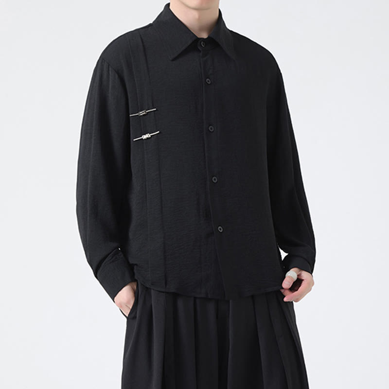 Plain Buttons Stand Collar Long Sleeve Men's Cotton Shirt - Image 22