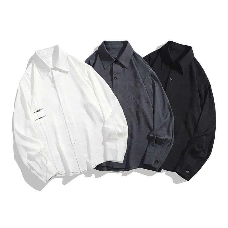 Plain Buttons Stand Collar Long Sleeve Men's Cotton Shirt - Image 2