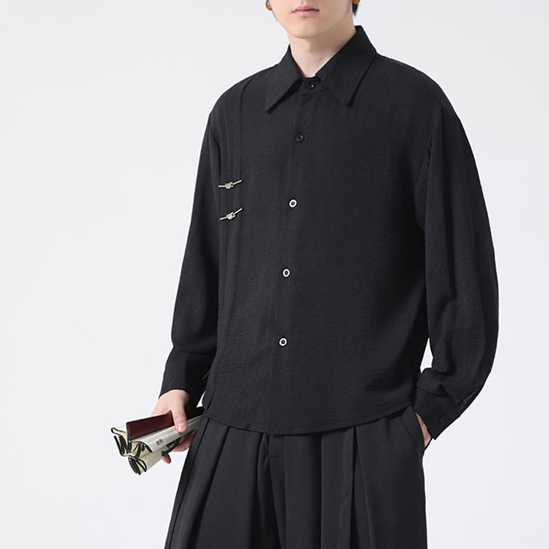 Plain Buttons Stand Collar Long Sleeve Men's Cotton Shirt - Image 23