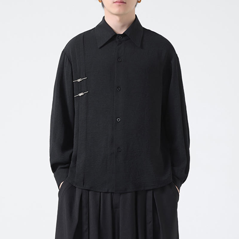 Plain Buttons Stand Collar Long Sleeve Men's Cotton Shirt - Image 20