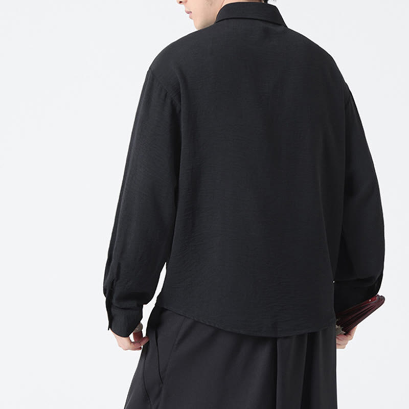 Plain Buttons Stand Collar Long Sleeve Men's Cotton Shirt - Image 21