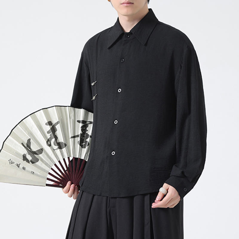 Plain Buttons Stand Collar Long Sleeve Men's Cotton Shirt - Image 25