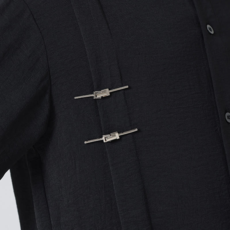 Plain Buttons Stand Collar Long Sleeve Men's Cotton Shirt - Image 27