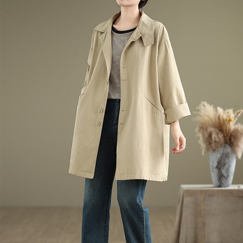 Spring Plain Buttons Design Long Sleeve Women's Cotton Linen Jacket With Pockets - Image 11