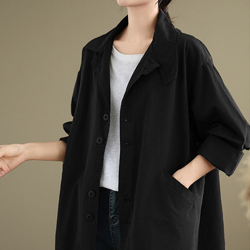 Spring Plain Buttons Design Long Sleeve Women's Cotton Linen Jacket With Pockets - Image 16