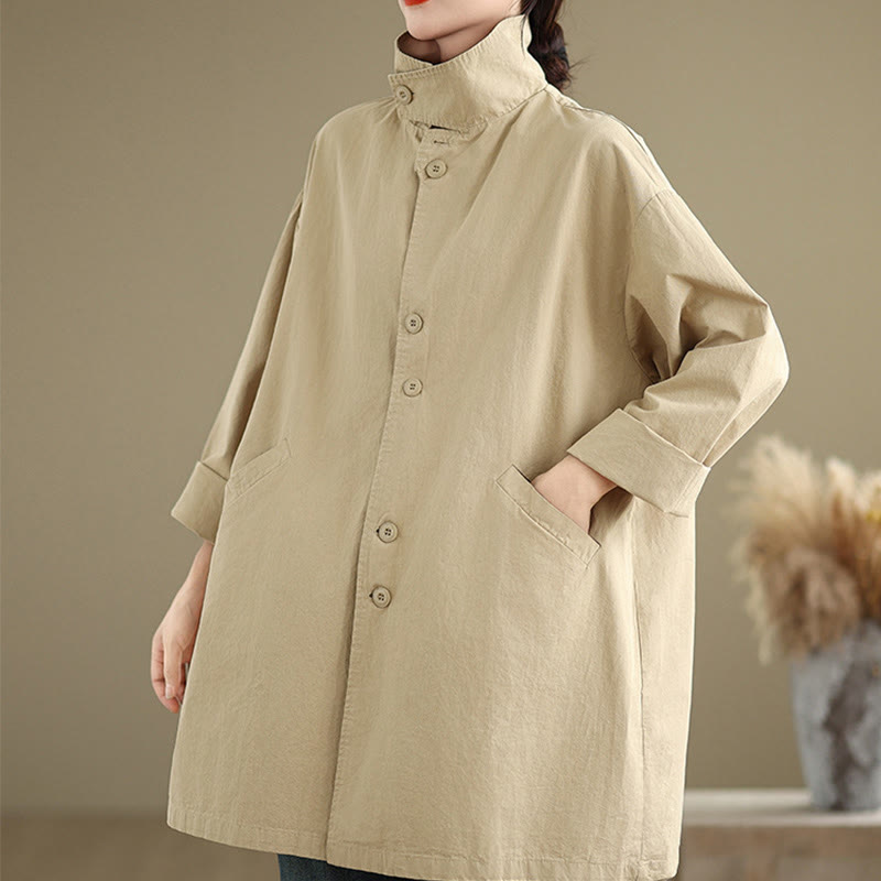 Spring Plain Buttons Design Long Sleeve Women's Cotton Linen Jacket With Pockets - Image 4