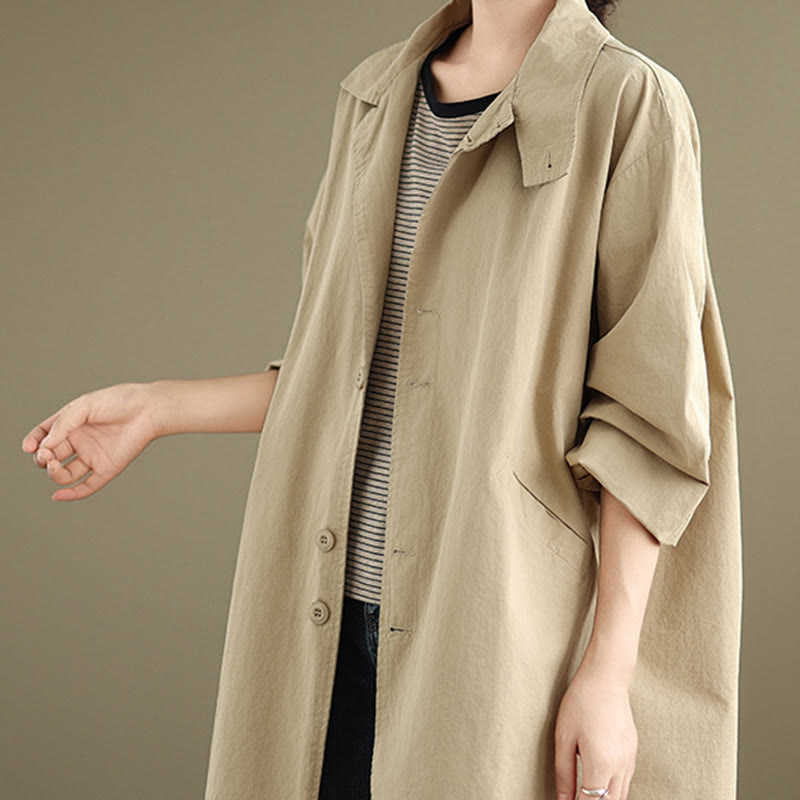 Spring Plain Buttons Design Long Sleeve Women's Cotton Linen Jacket With Pockets - Image 5