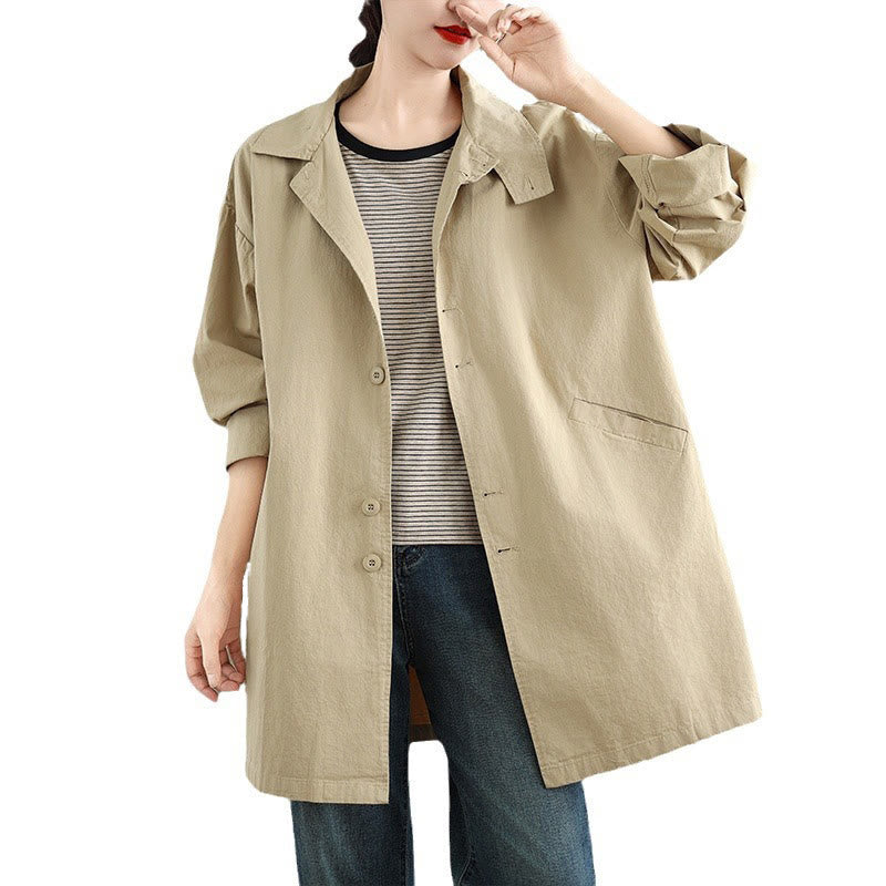 Spring Plain Buttons Design Long Sleeve Women's Cotton Linen Jacket With Pockets - Image 12