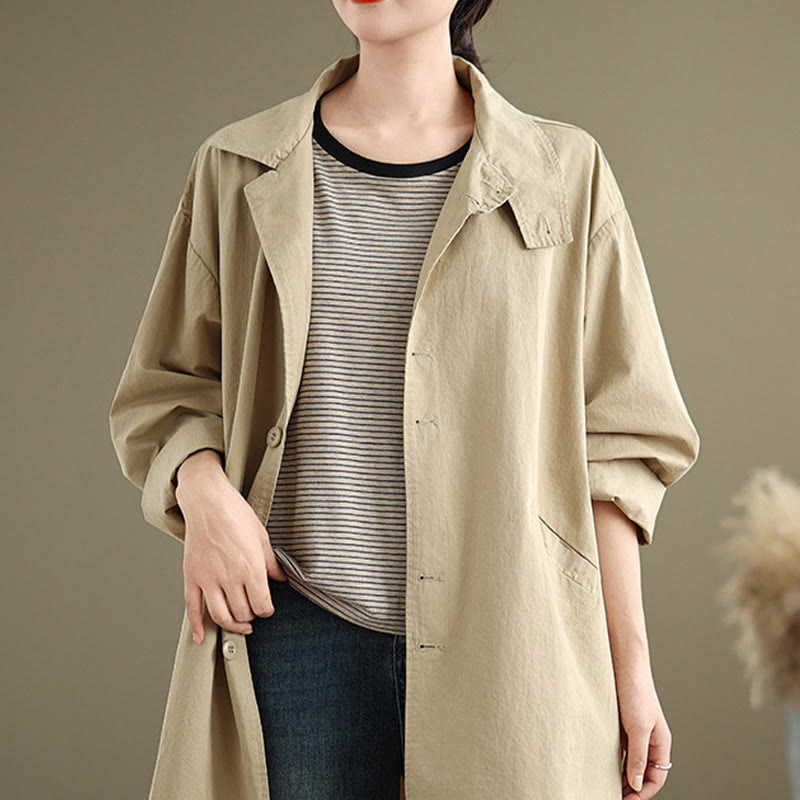 Spring Plain Buttons Design Long Sleeve Women's Cotton Linen Jacket With Pockets - Image 2