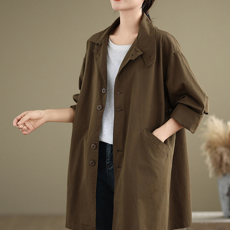 Spring Plain Buttons Design Long Sleeve Women's Cotton Linen Jacket With Pockets - Image 18