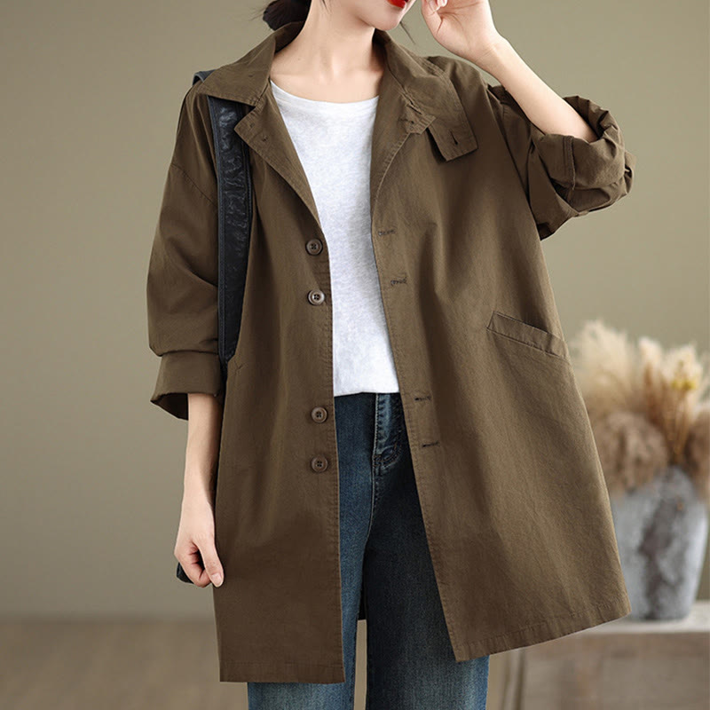 Spring Plain Buttons Design Long Sleeve Women's Cotton Linen Jacket With Pockets - Image 22