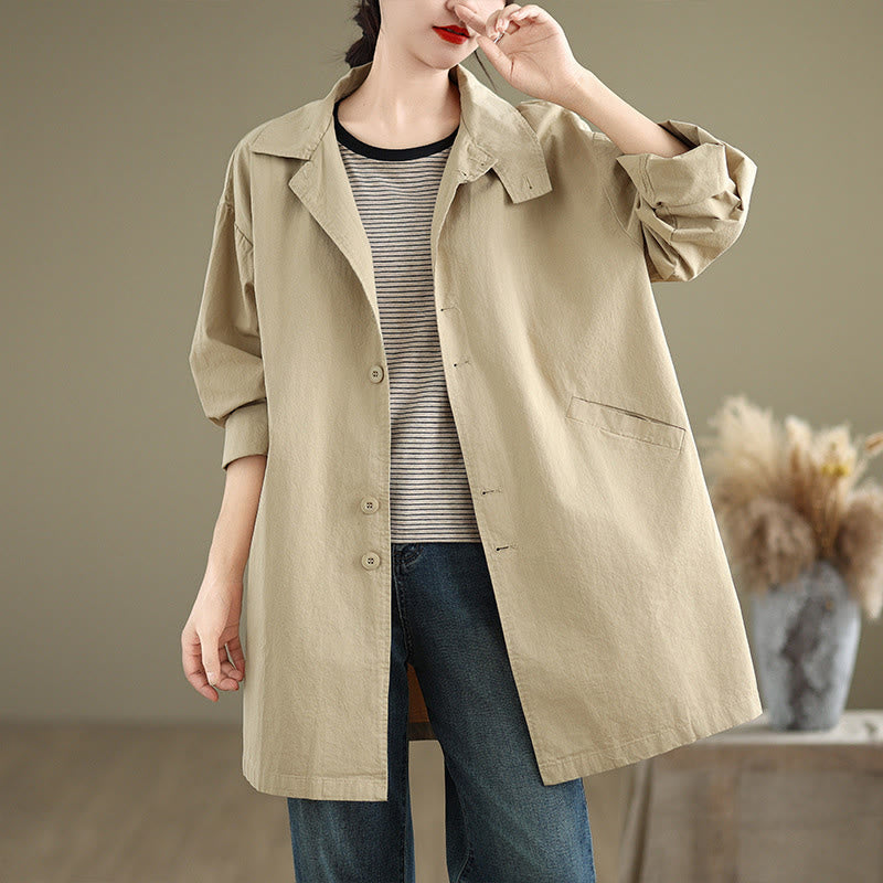 Spring Plain Buttons Design Long Sleeve Women's Cotton Linen Jacket With Pockets