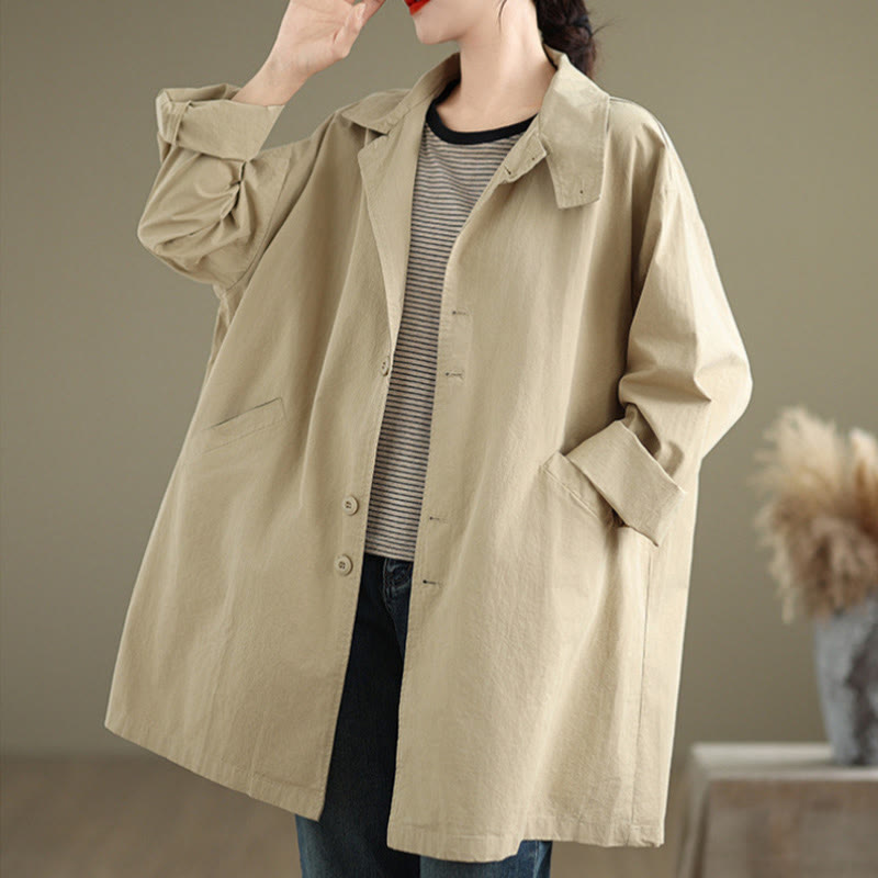 Spring Plain Buttons Design Long Sleeve Women's Cotton Linen Jacket With Pockets - Image 3